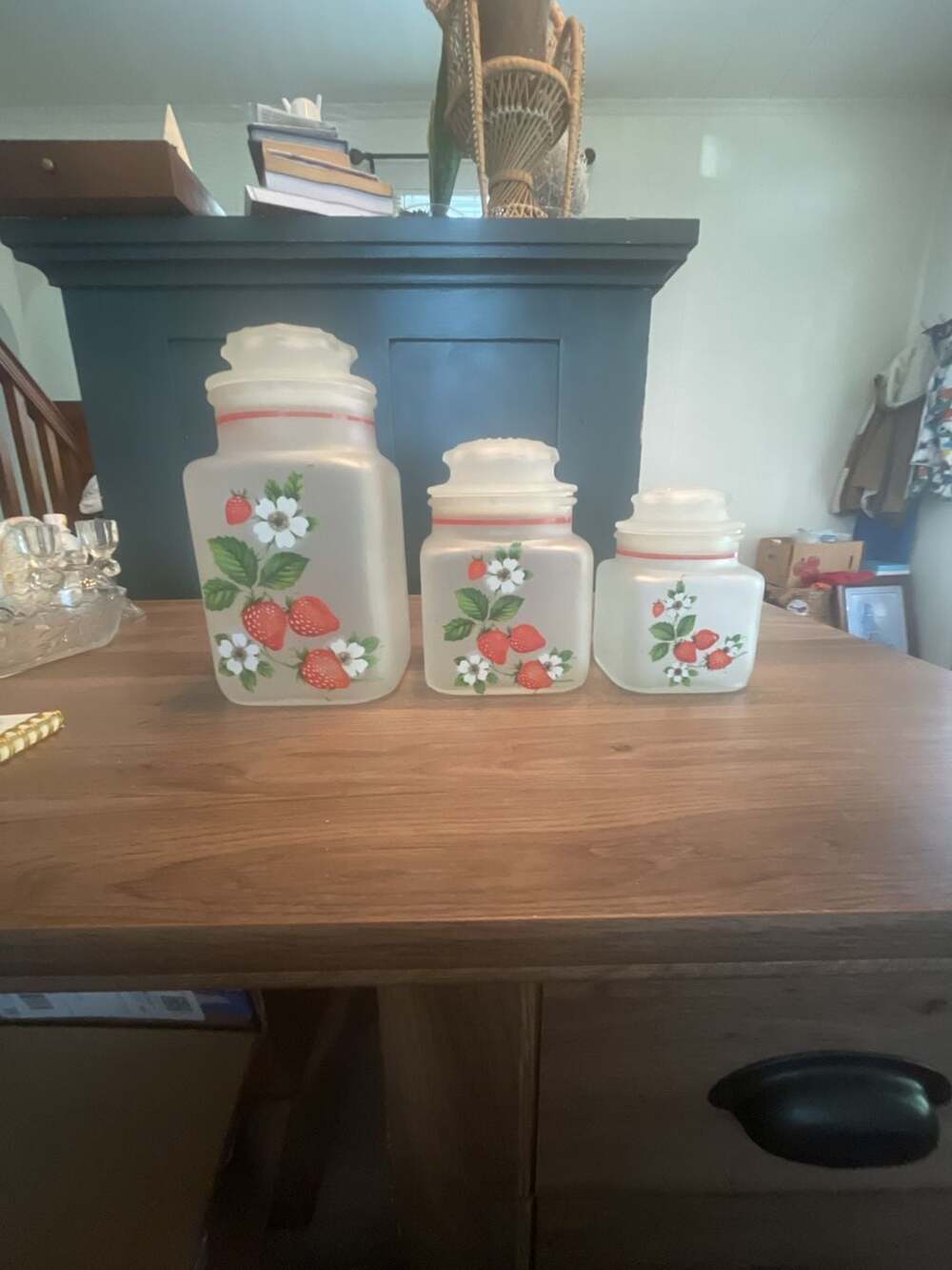 Vintage MCM Anchor Hocking Frosted Strawberry Canister Set of 3 Glass Kitchen St